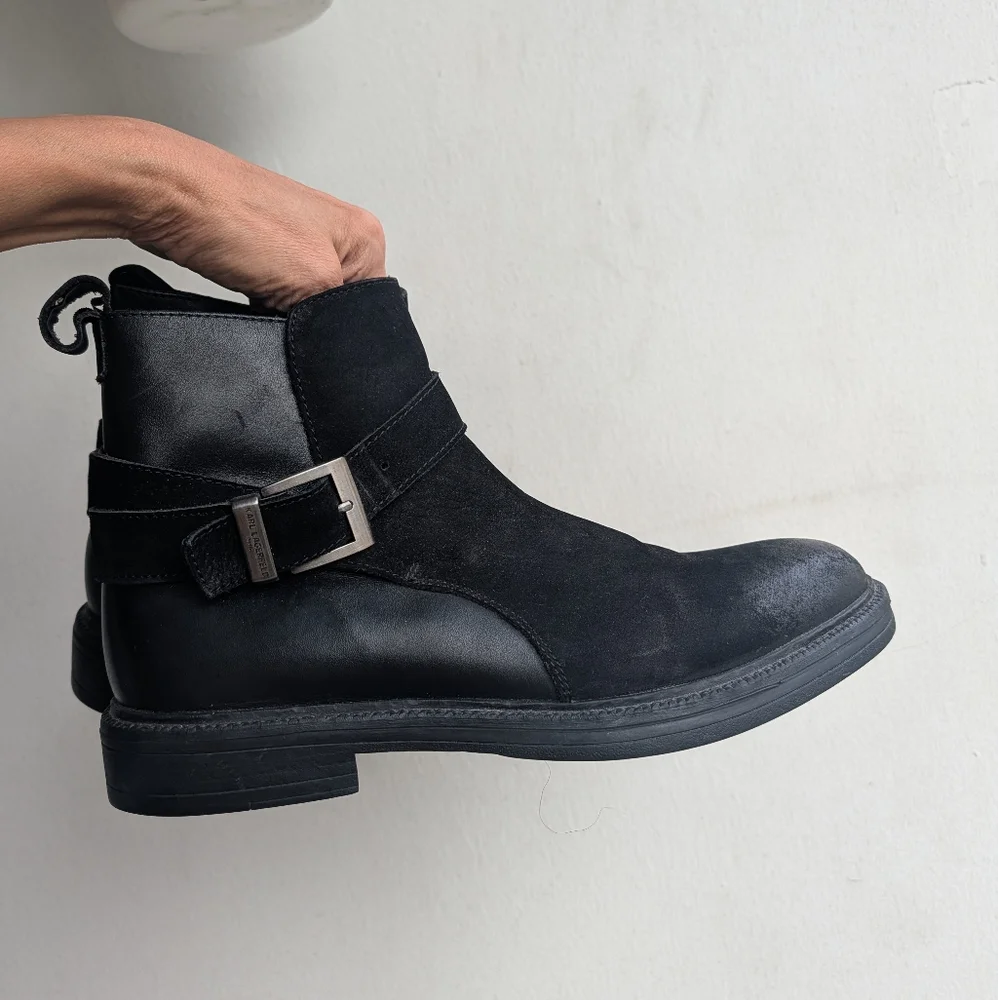 Karl Lagerfeld Paris Black suede and leather Harness with Buckle ankle Boots 9